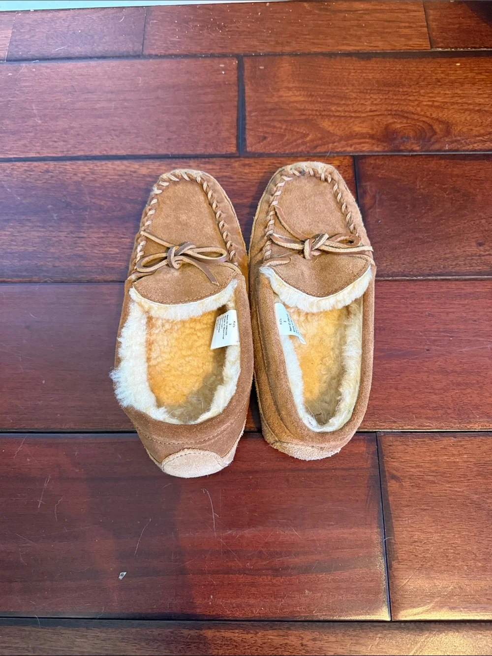Kid’s LL Bean Suede Moccasin Slippers in Chestnut Brown with Shearling Lining